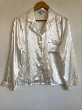 In Bloom Pajama Top Satin Button-Front  in Pearl White Medium